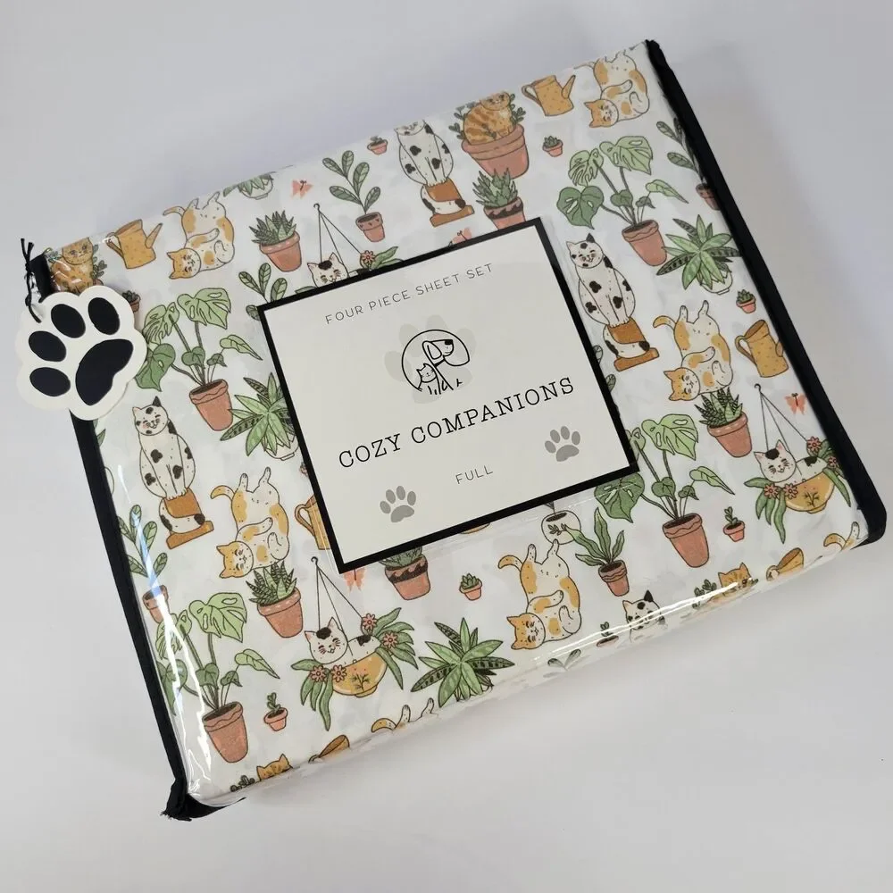 Cats Plants 4pc FULL Sheet Set Calico Orange Tabby Fern Aloe Monstera Succulents